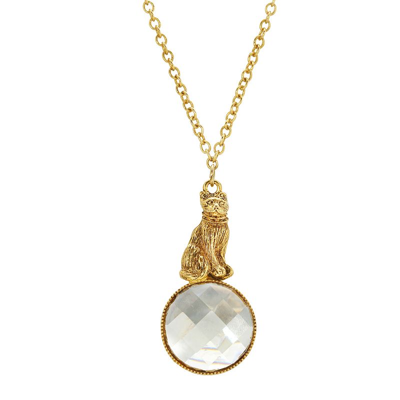 1928 Gold Tone Simulated Crystal Cat Pendant Necklace, Womens, Yellow