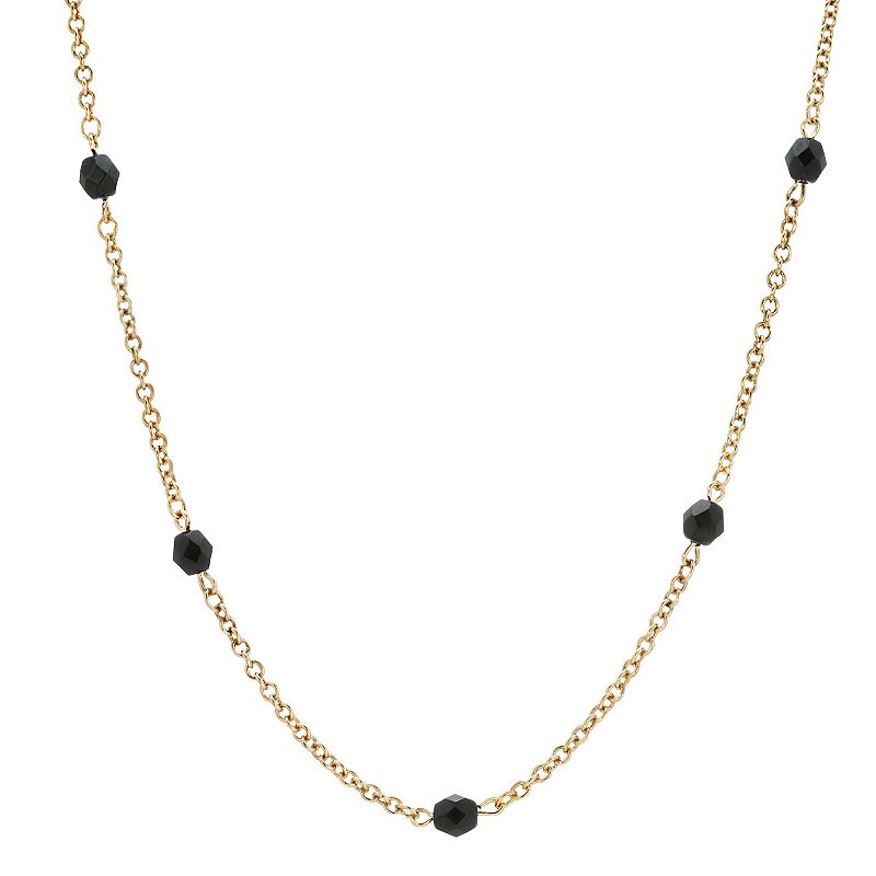 1929 Gold Tone Black Beaded 24-Inch Station Necklace, Womens