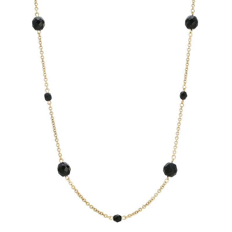 1930 Gold Tone Black Beaded 17-Inch Station Necklace, Womens