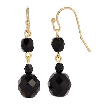 1928 Gold Tone Black Beaded Drop Earrings
