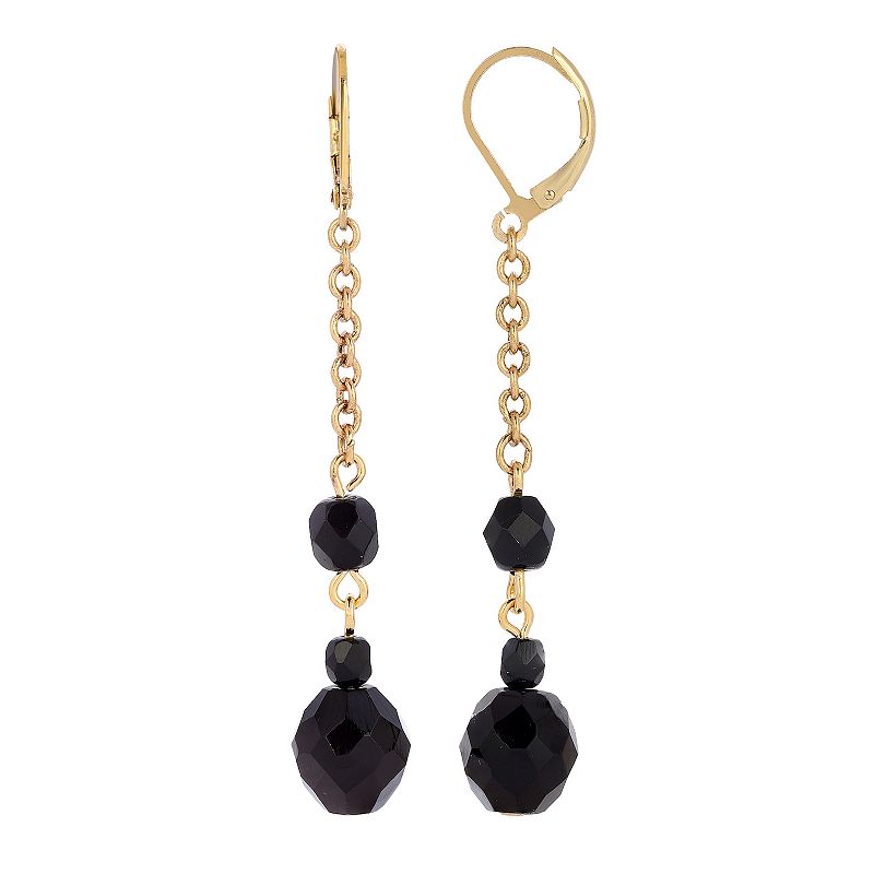 1928 Gold Tone Black Beaded Linear Drop Earrings, Womens