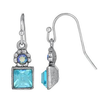 1928 Silver Tone Aurora Borealis Flower & Aqua Crystal Earrings