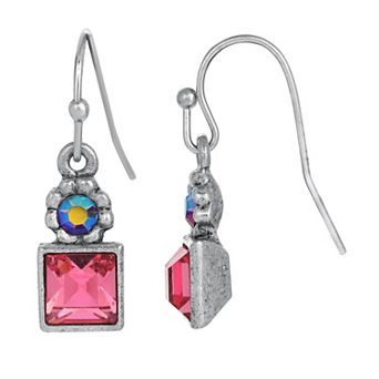 1929 Silver Tone Aurora Borealis Flower & Rose Pink Crystal Earrings