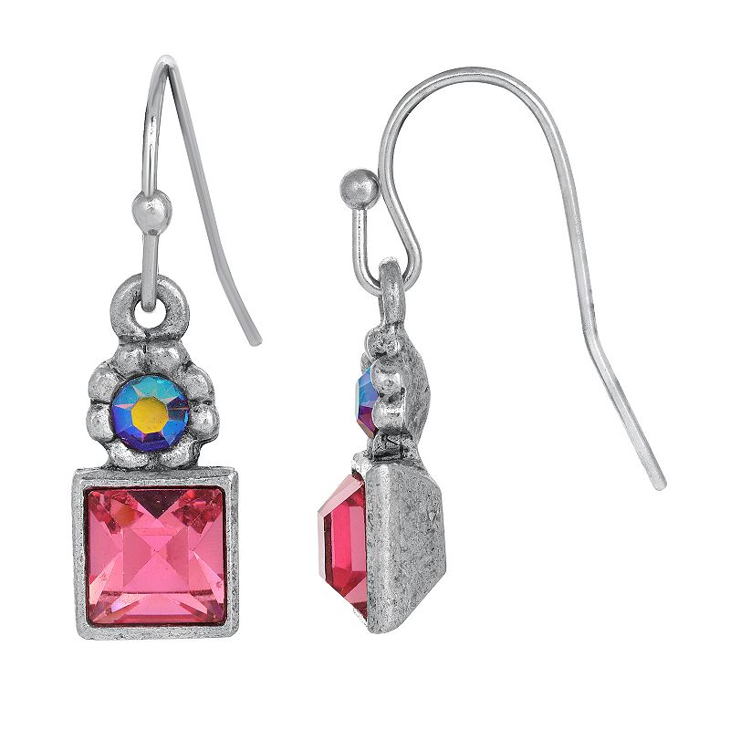 1929 Silver Tone Aurora Borealis Flower & Rose Pink Crystal Earrings, Women