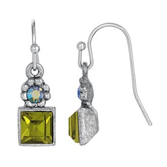 1930 Silver Tone Aurora Borealis Flower & Olivine Green Crystal Earrings