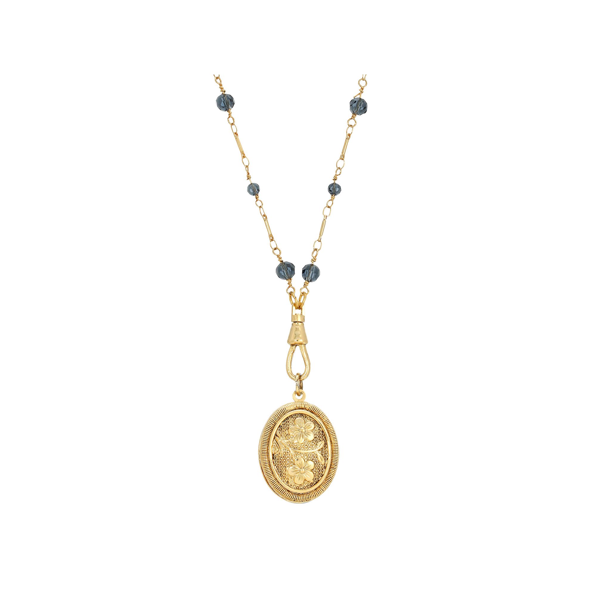 1928 Gold Tone Blue Beaded Oval Flower Locket Necklace, Womens