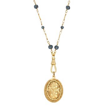1928 Gold Tone Blue Beaded Oval Flower Locket Necklace