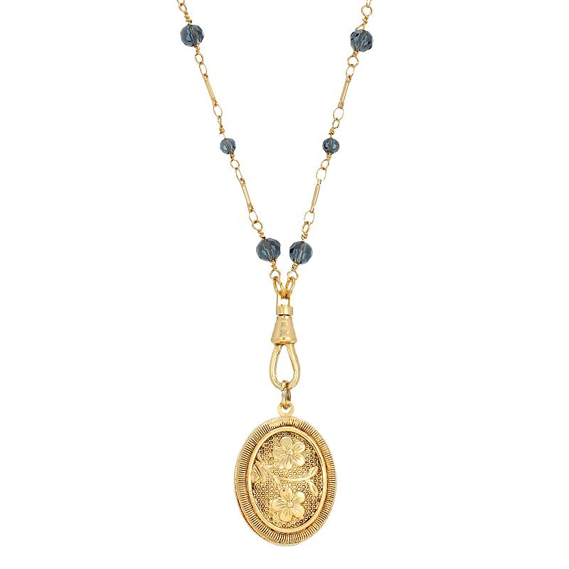 1928 Gold Tone Blue Beaded Oval Flower Locket Necklace, Womens