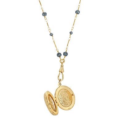 1928 Gold Tone Blue Beaded Oval Flower Locket Necklace