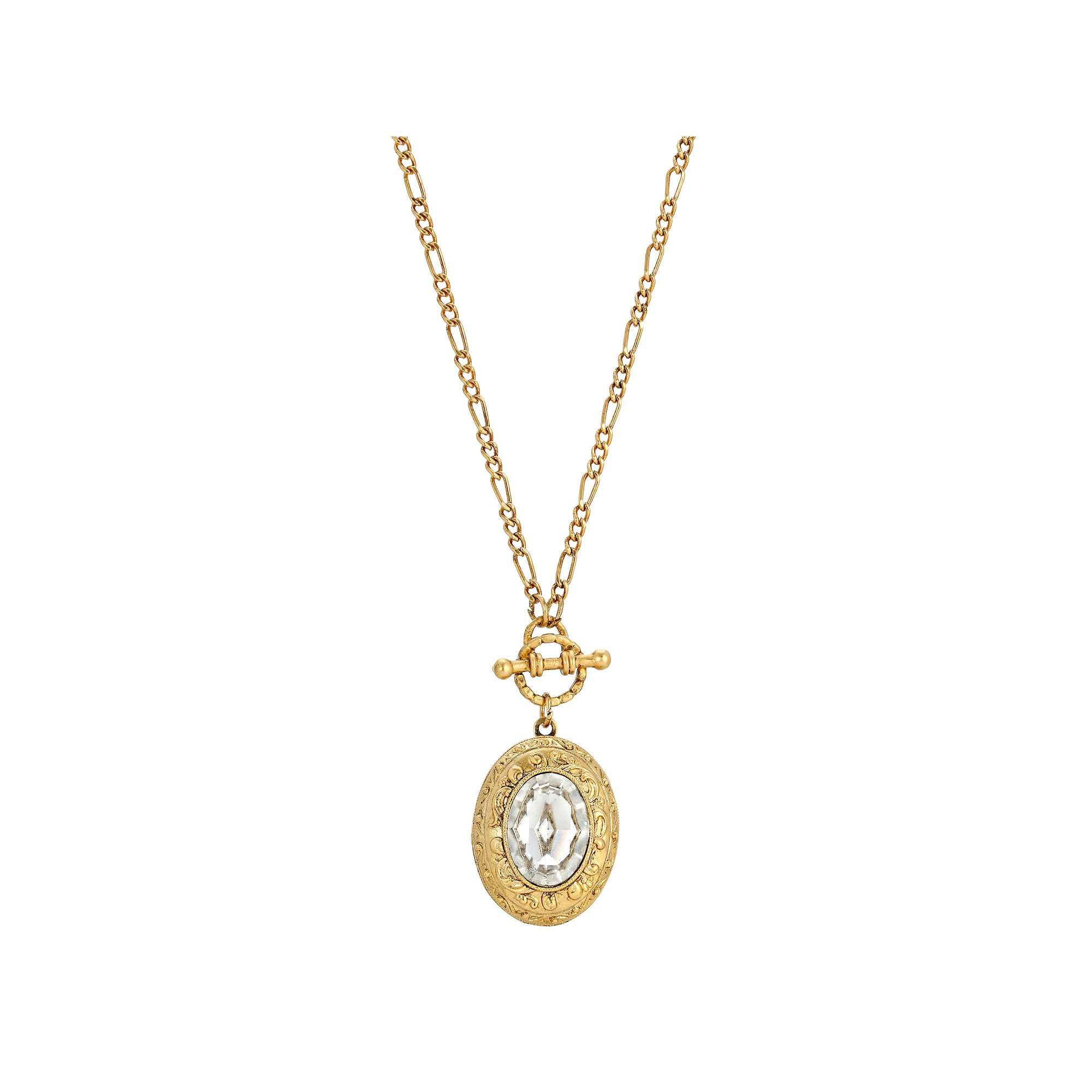1928 Gold Tone Crystal Oval Stone Flower Locket Necklace, Womens