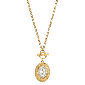 1928 Gold Tone Crystal Oval Stone Flower Locket Necklace