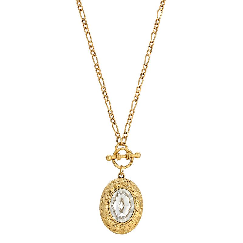 1928 Gold Tone Crystal Oval Stone Flower Locket Necklace, Womens