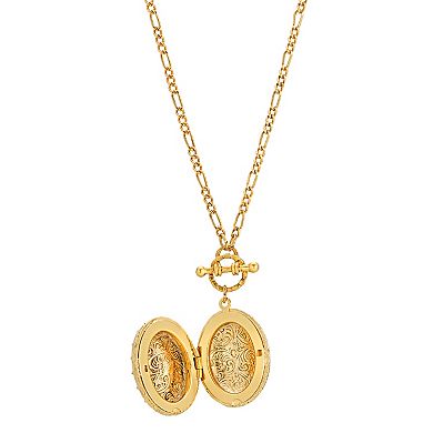 1928 Gold Tone Crystal Oval Stone Flower Locket Necklace