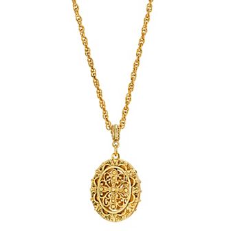 1928 Gold-Tone Filigree Double Sided Locket Necklace