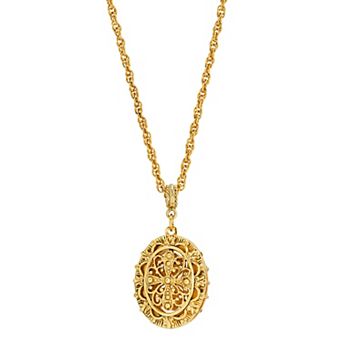 1928 Gold-Tone Filigree Double Sided Locket Necklace
