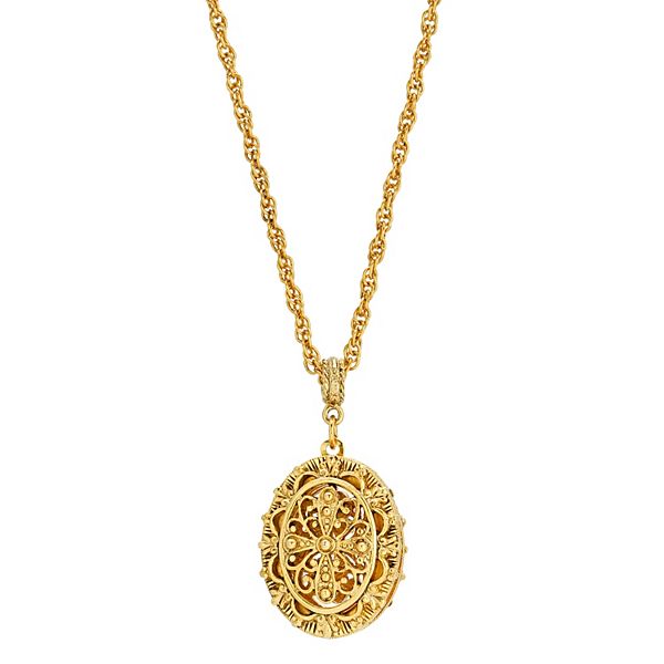 1928 Gold-Tone Filigree Double Sided Locket Necklace