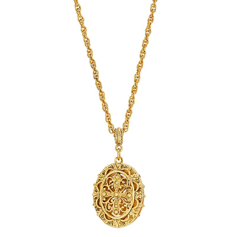 1928 Gold-Tone Filigree Double Sided Locket Necklace, Womens