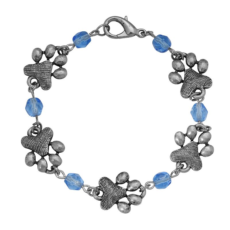 1928 Pewter Light Blue Beaded Pawprint Bracelet, Womens