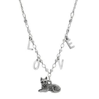 1928 Silver-Tone Cat With "Love" Initials Necklace