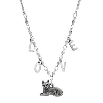 1928 Silver-Tone Cat With "Love" Initials Necklace