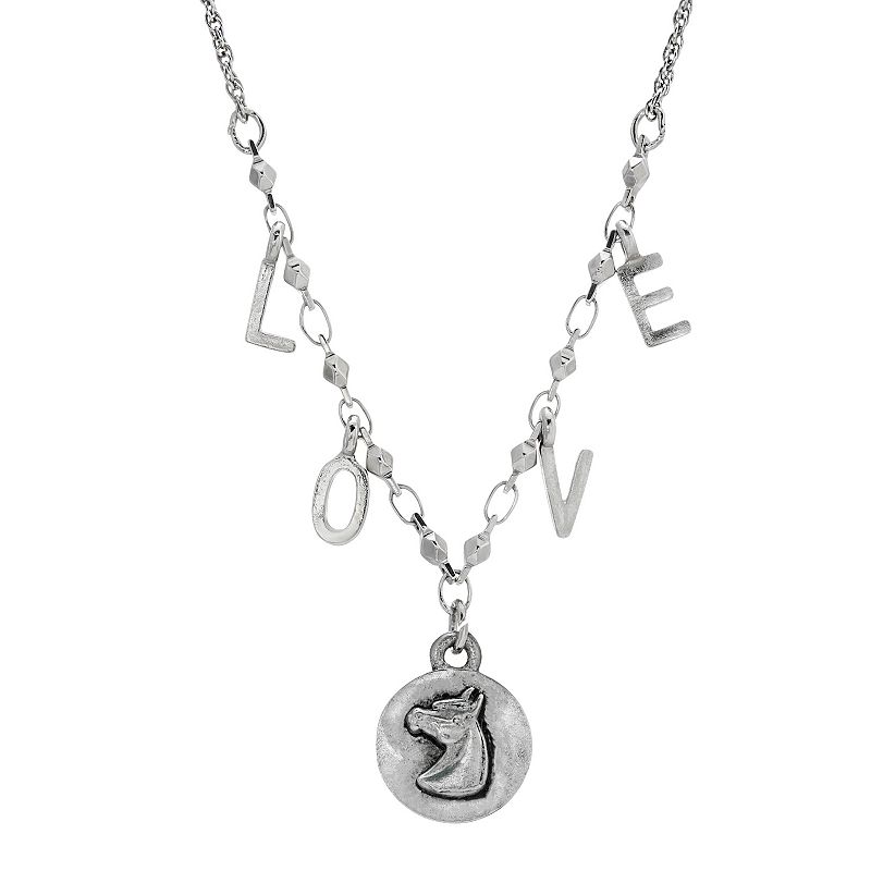 1928 Silver-Tone Horse Love Initials Necklace, Womens