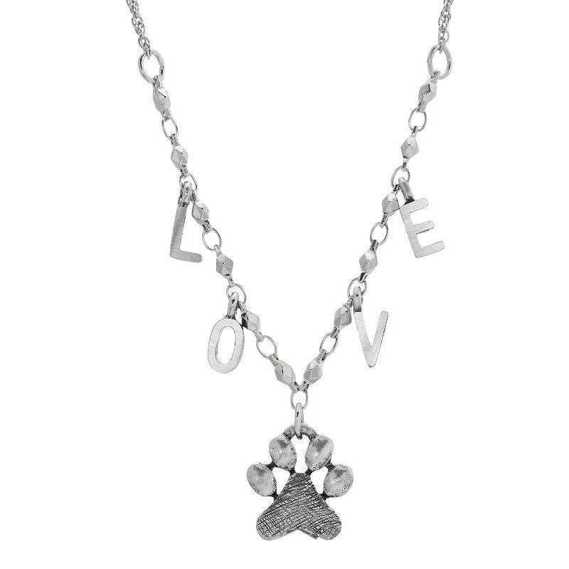 1928 Silver-Tone Pawprint Love Initials Necklace, Womens