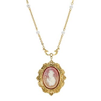 1928 Gold Tone Cameo Simulated Pearl Station Necklace