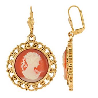 1928 Gold Tone Cameo Drop Earrings