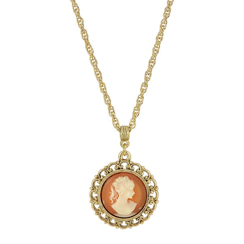 1928 Gold Tone Cameo Pendant Necklace, Womens, Orange