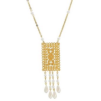 1928 Gold Tone Simulated Pearl Drop Rectangle Necklace