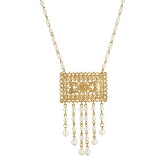 1928 Gold Tone Simulated Pearl Drop Rectangle Necklace