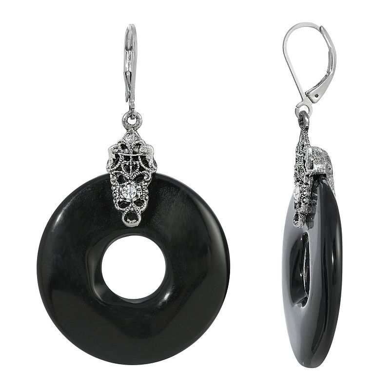1928 Silver Tone Black Open Circle Drop Earrings, Womens