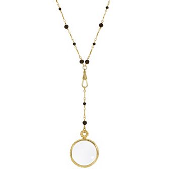 1928 Gold Tone Beaded Magnifying Glass Y-Drop Necklace
