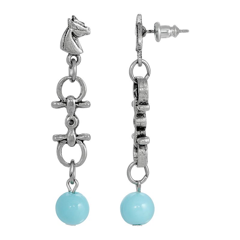 1928 Silver Tone Turquoise Color Bead Horse Head Earrings, Womens, Turquoi