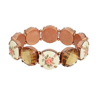 1928 Copper Tone Brown & Floral Round Stone Stretch Bracelet