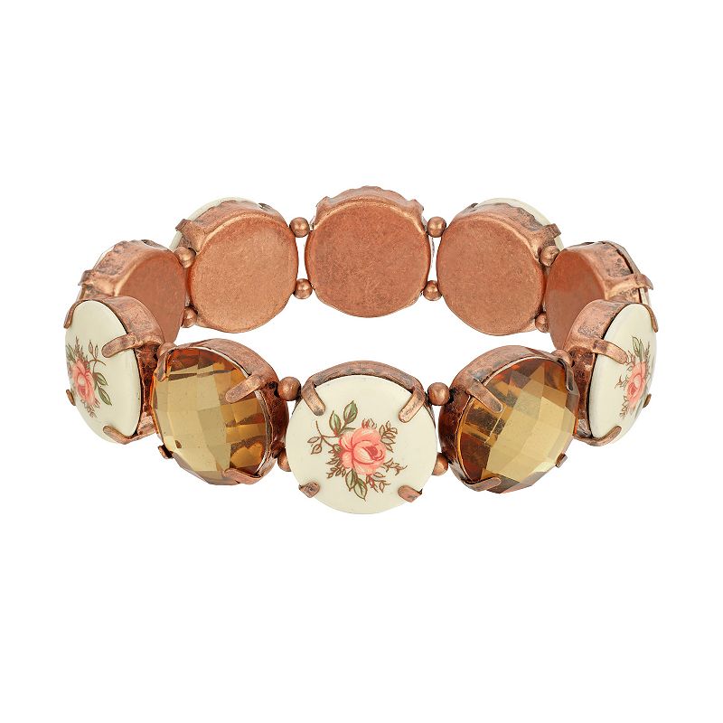 1928 Copper Tone Brown & Floral Round Stone Stretch Bracelet, Womens, Mult