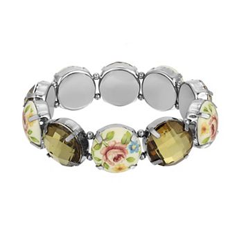 1928 Silver Tone Floral Round Stone Stretch Bracelet