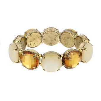 1928 Antiqued Gold Tone Round Stone Stretch Bracelet