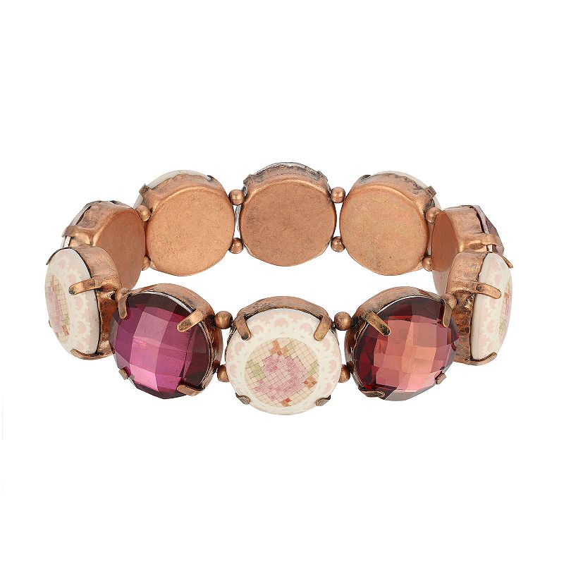 1928 Copper Tone Simulated Amethyst & Floral Round Stone Stretch Bracelet, 