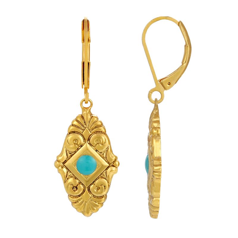 1928 Gold Tone Turquoise Color Enamel Drop Earrings, Womens, Turquoise/Blu