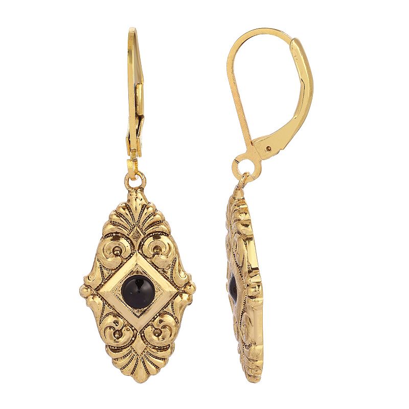 1928 Gold Tone Black Enamel Drop Earrings, Womens