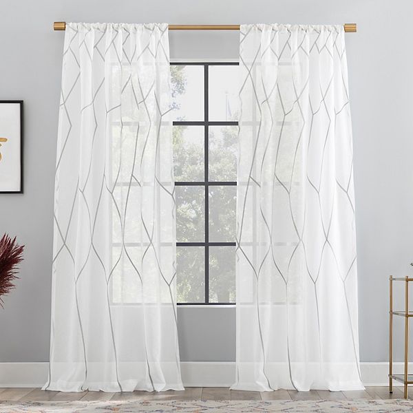 Scott Living Azlan Geometric Embroidery, Sheer White Curtains With Geometric Pattern