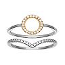 PRIMROSE Two Tone Sterling Silver Cubic Zirconia Open Circle & V-Shape Ring Duo Set
