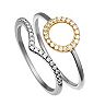 PRIMROSE Two Tone Sterling Silver Cubic Zirconia Open Circle & V-Shape Ring Duo Set