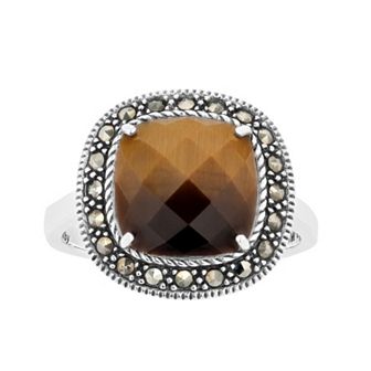 Lavish by TJM Sterling Silver Cushion Tiger's Eye & Marcasite Ring