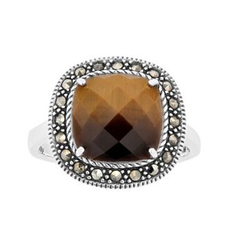 Lavish by TJM Sterling Silver Cushion Tiger's Eye & Marcasite Ring