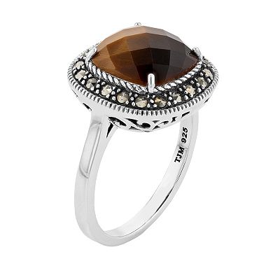 Lavish by TJM Sterling Silver Cushion Tiger Eye & Marcasite Ring