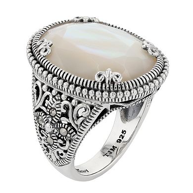 Lavish by TJM Sterling Silver Oval Mother-of-Pearl & Marcasite Cocktail Ring