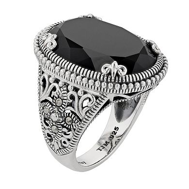 Lavish by TJM Sterling Silver Oval Black Onyx & Marcasite Cocktail Ring