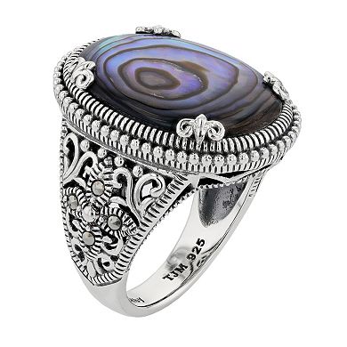 Lavish by TJM Sterling Silver Oval Abalone & Marcasite Cocktail Ring